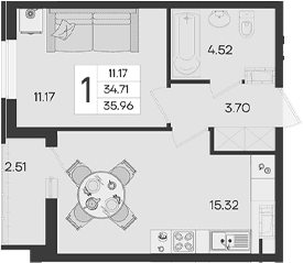 Продается 1-комн. квартира, 34.71 м²