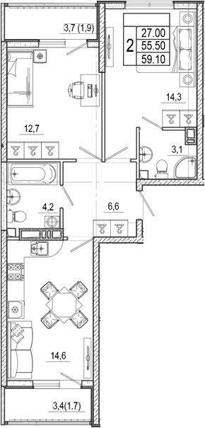 Продается 2-комн. квартира, 55.5 м²