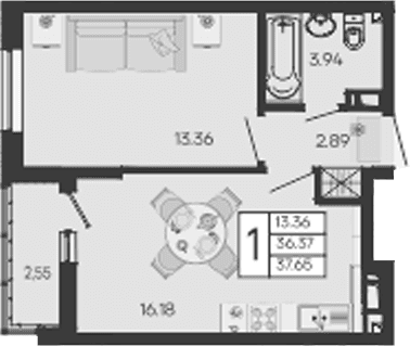 Продается 1-комн. квартира, 36.38 м²