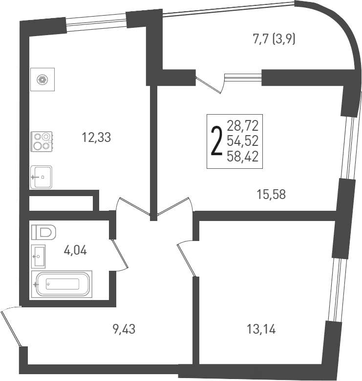 Продается 2-комн. квартира, 55.9 м²