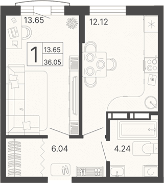 Продается 1-комн. квартира, 36.05 м²
