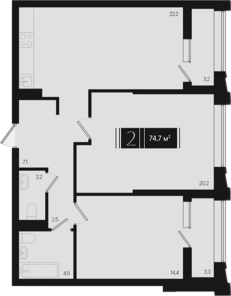 Продается 2-комн. квартира, 73.05 м²