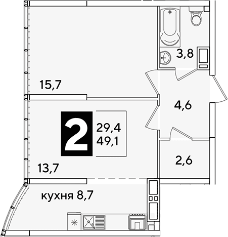 Продается 2-комн. квартира, 49.1 м²