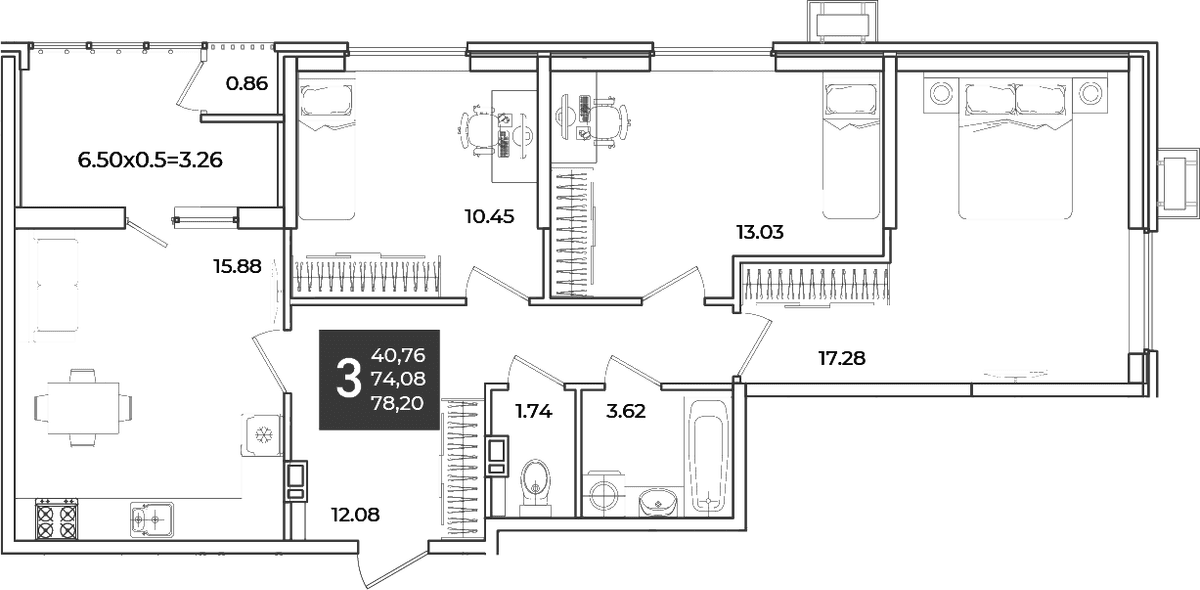 Продается 3-комн. квартира, 74.08 м²