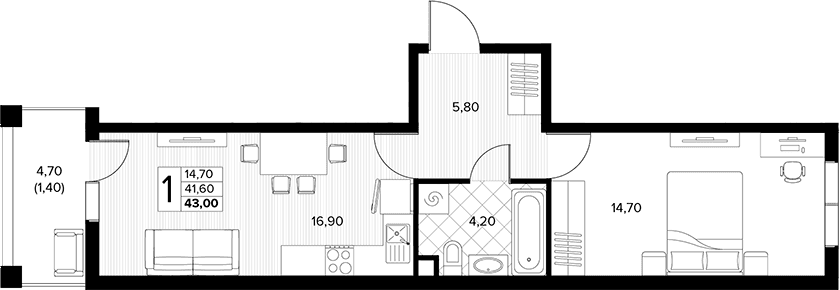Продается 1-комн. квартира, 41.6 м²