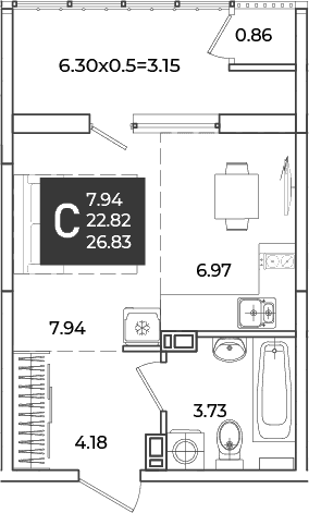 Продается 1-комн. квартира, 22.82 м²