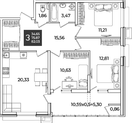 Продается 3-комн. квартира, 75.87 м²