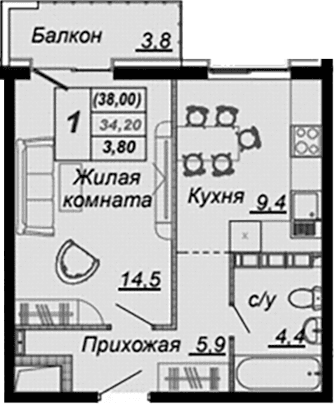 Продается 1-комн. квартира, 33.4 м²