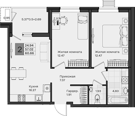 Продается 2-комн. квартира, 57.02 м²