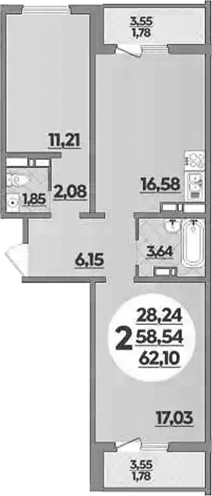 Продается 2-комн. квартира, 58.54 м²