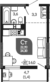 Продается 1-комн. квартира, 22.9 м²