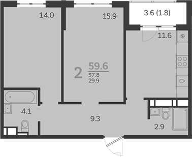 Продается 2-комн. квартира, 57.8 м²
