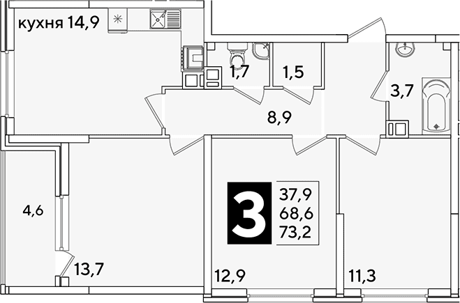Продается 3-комн. квартира, 68.6 м²