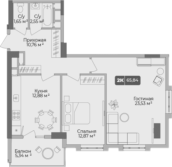 Продается 2-комн. квартира, 64.24 м²