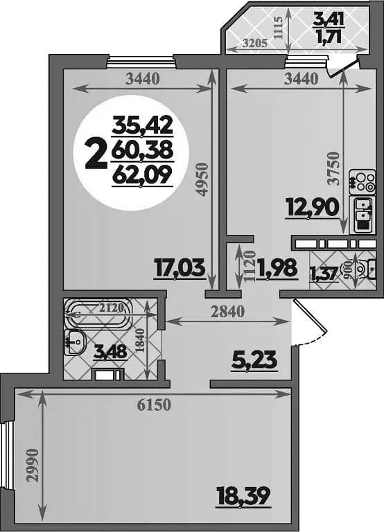 Продается 2-комн. квартира, 60.38 м²