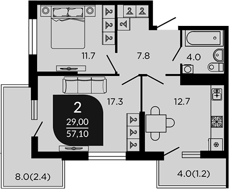 Продается 2-комн. квартира, 55.16 м²