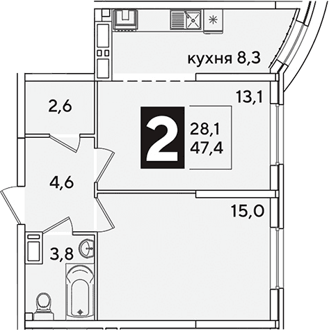 Продается 2-комн. квартира, 47.4 м²