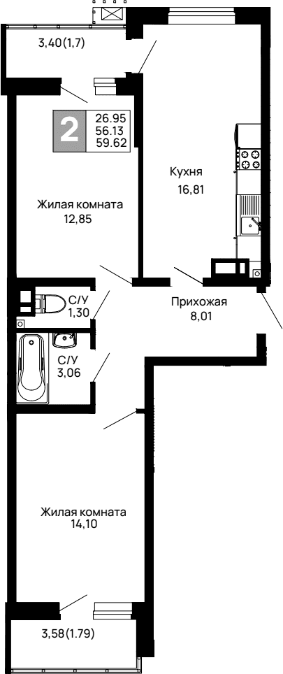 Продается 2-комн. квартира, 56.13 м²