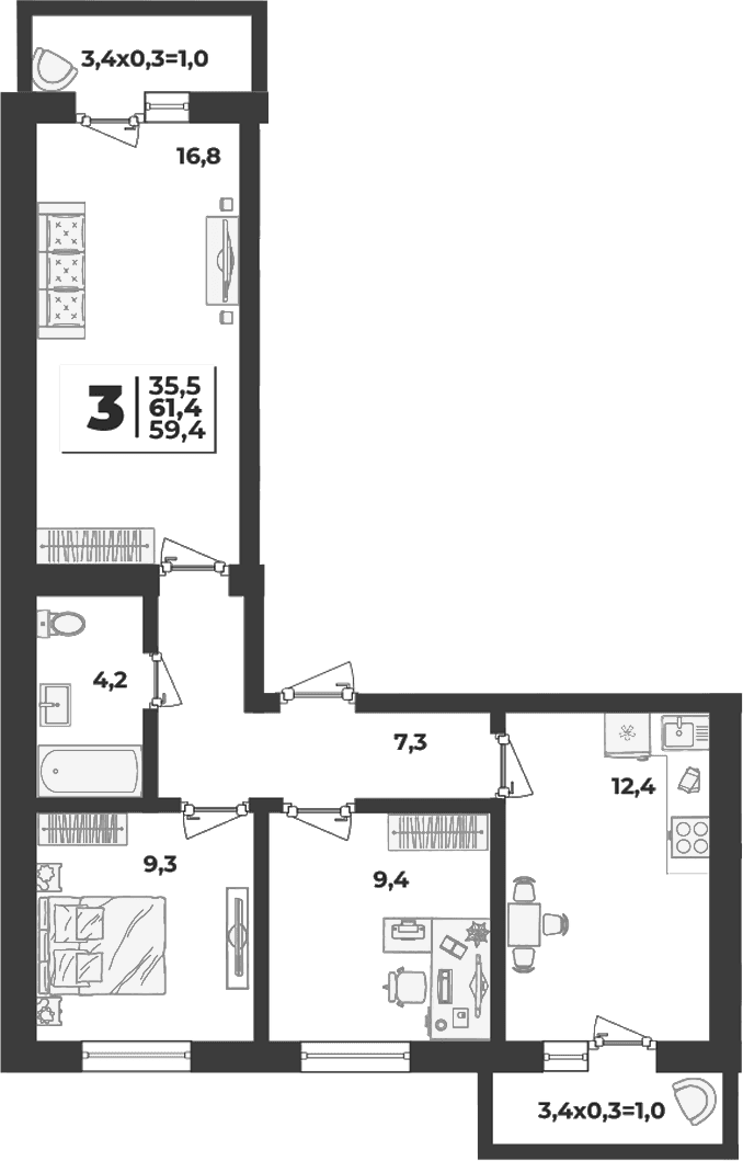 Продается 3-комн. квартира, 59.4 м²