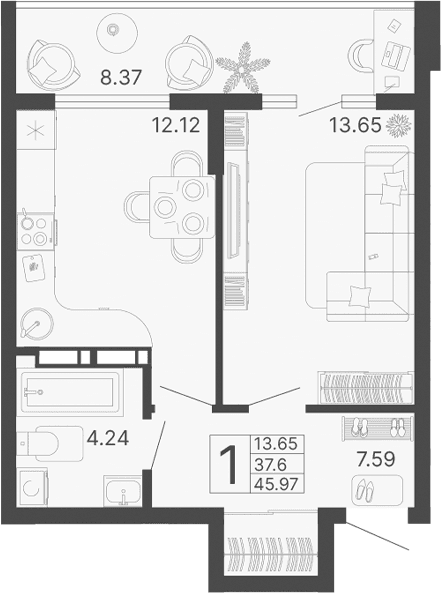 Продается 1-комн. квартира, 37.61 м²