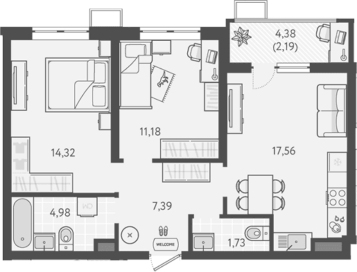 Продается 2-комн. квартира, 57.16 м²
