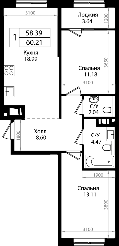 Продается 2-комн. квартира, 58.53 м²