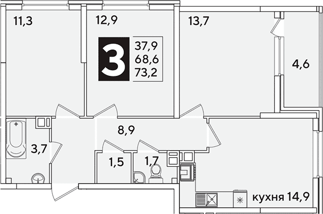 Продается 3-комн. квартира, 68.6 м²