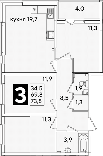 Продается 4-комн. квартира, 69.8 м²