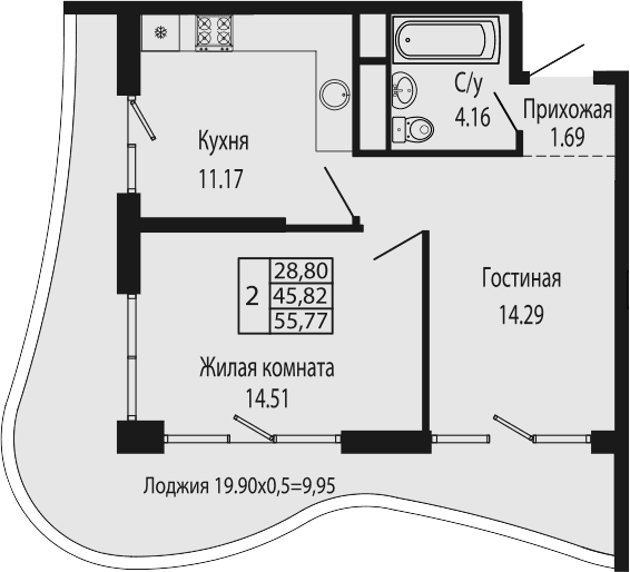 Продается 2-комн. квартира, 45.82 м²