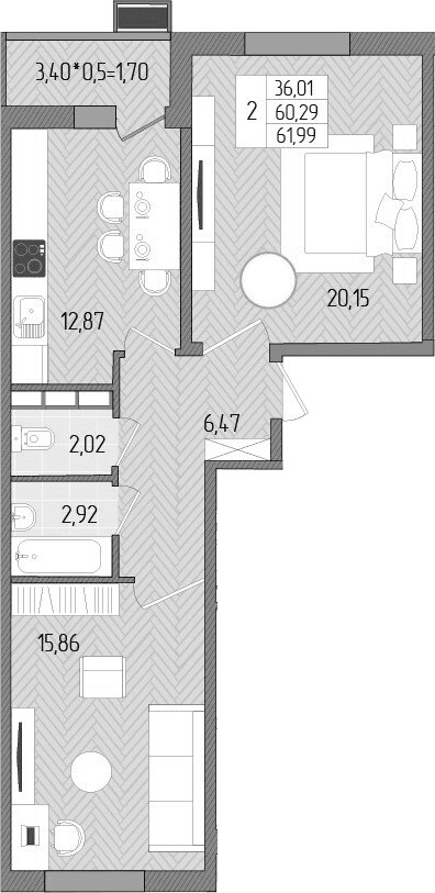 Продается 2-комн. квартира, 60.29 м²
