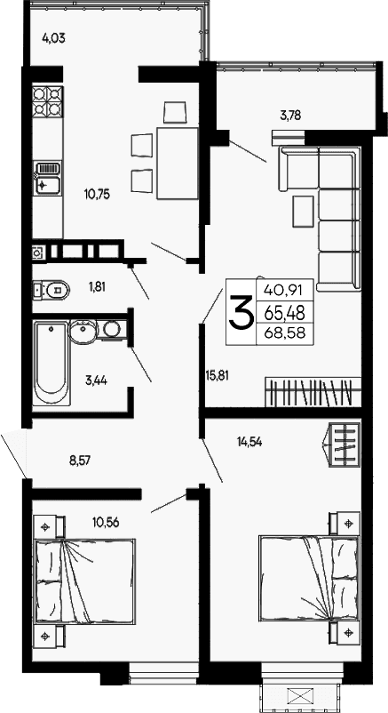 Продается 3-комн. квартира, 65.48 м²