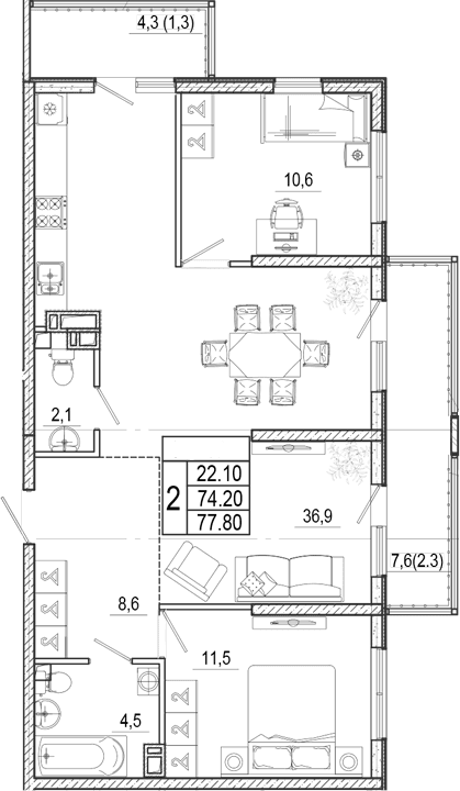 Продается 3-комн. квартира, 74.2 м²