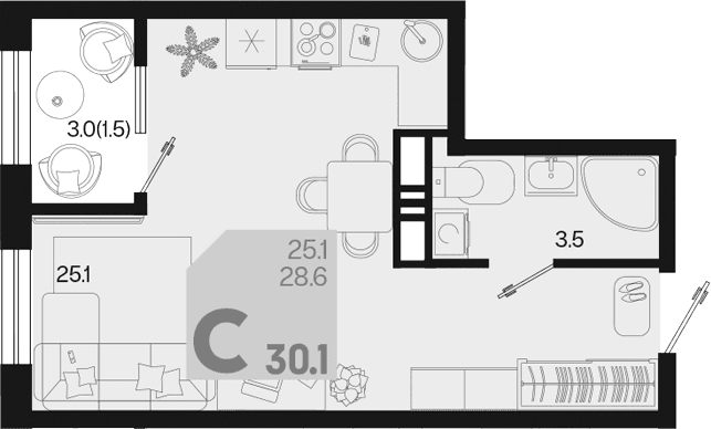 Продается 1-комн. квартира, 28.6 м²