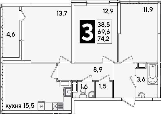 Продается 4-комн. квартира, 69.6 м²