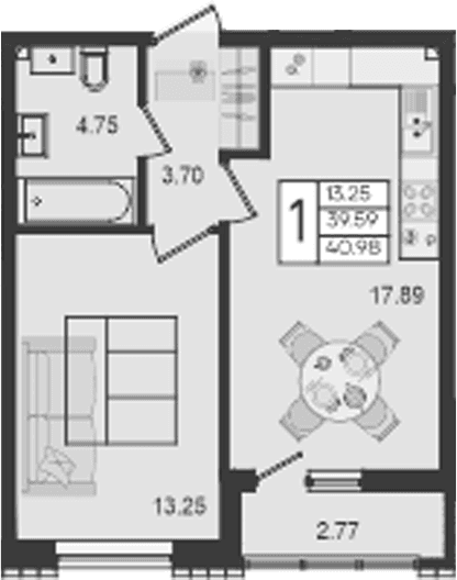 Продается 1-комн. квартира, 39.59 м²