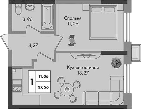 Продается 1-комн. квартира, 37.56 м²