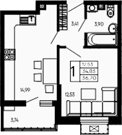 Продается 1-комн. квартира, 34.83 м²