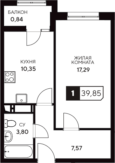 Продается 1-комн. квартира, 39.01 м²