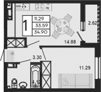 Продается 1-комн. квартира, 33.59 м²