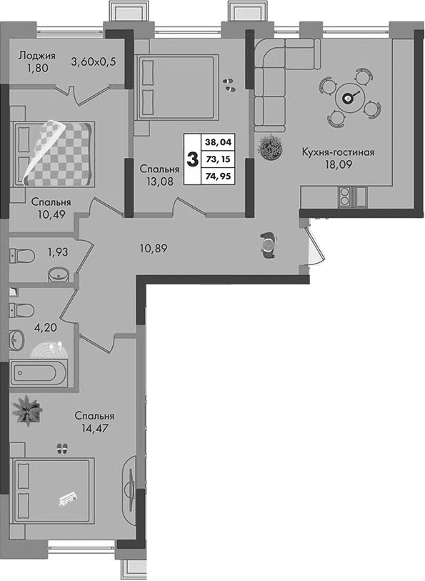 Продается 3-комн. квартира, 73.15 м²