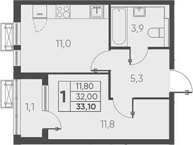 Продается 1-комн. квартира, 33.1 м²