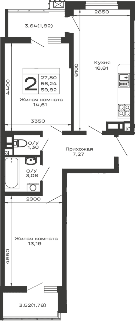 Продается 2-комн. квартира, 56.24 м²