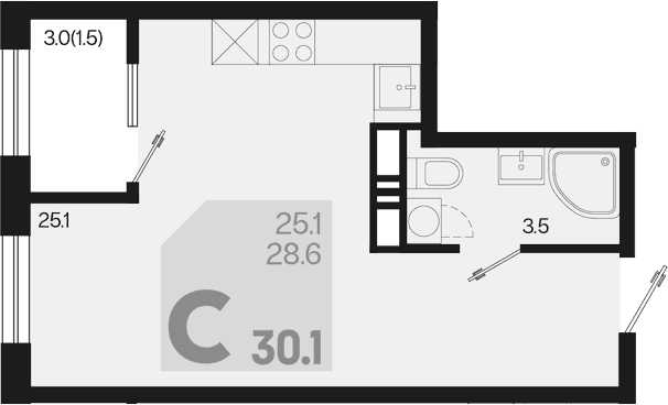 Продается 1-комн. квартира, 28.6 м²