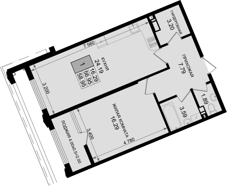Продается 1-комн. квартира, 56.95 м²
