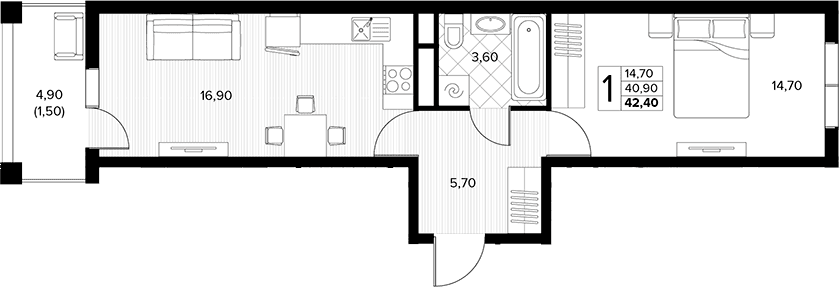 Продается 1-комн. квартира, 40.9 м²