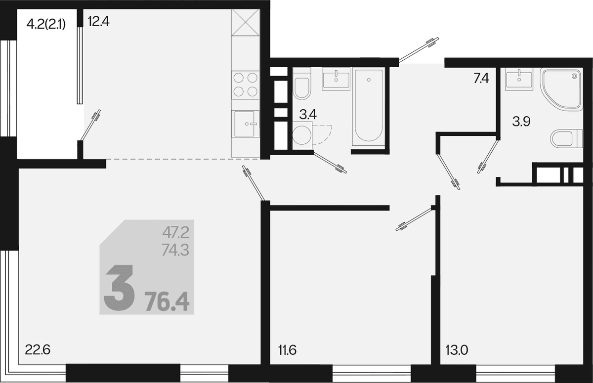 Продается 3-комн. квартира, 74.3 м²