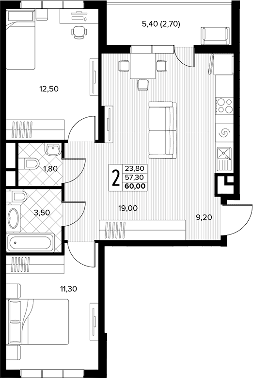Продается 2-комн. квартира, 57.3 м²