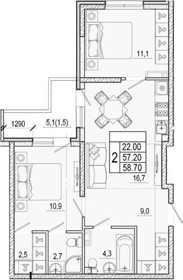 Продается 2-комн. квартира, 57.2 м²