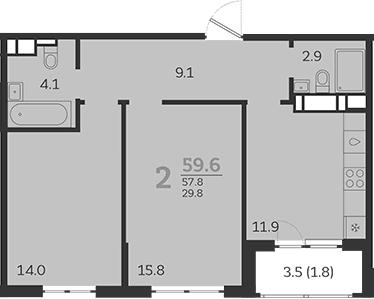 Продается 2-комн. квартира, 57.8 м²