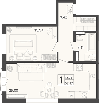 Продается 1-комн. квартира, 52.47 м²